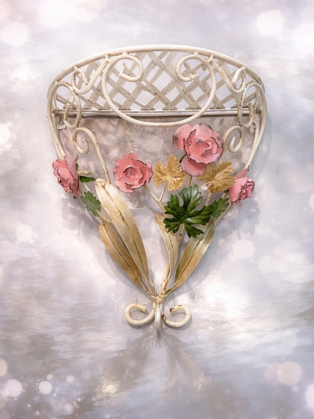 Vintage Toleware Rose Floral Shelf Shabby Chic COUNTRY Flowers Rare Piece Holder